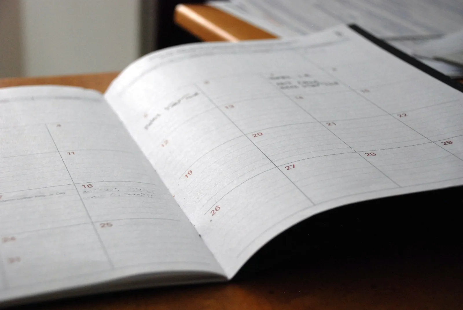 An open paper monthly planner with a few handwritten entries lying on a wooden desk