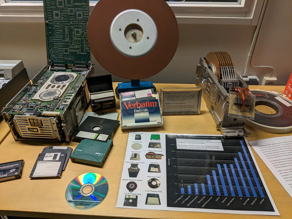 A display of old storage media including a hard-disk platter, tape reels, floppy disks, a data cartridge, and a CD