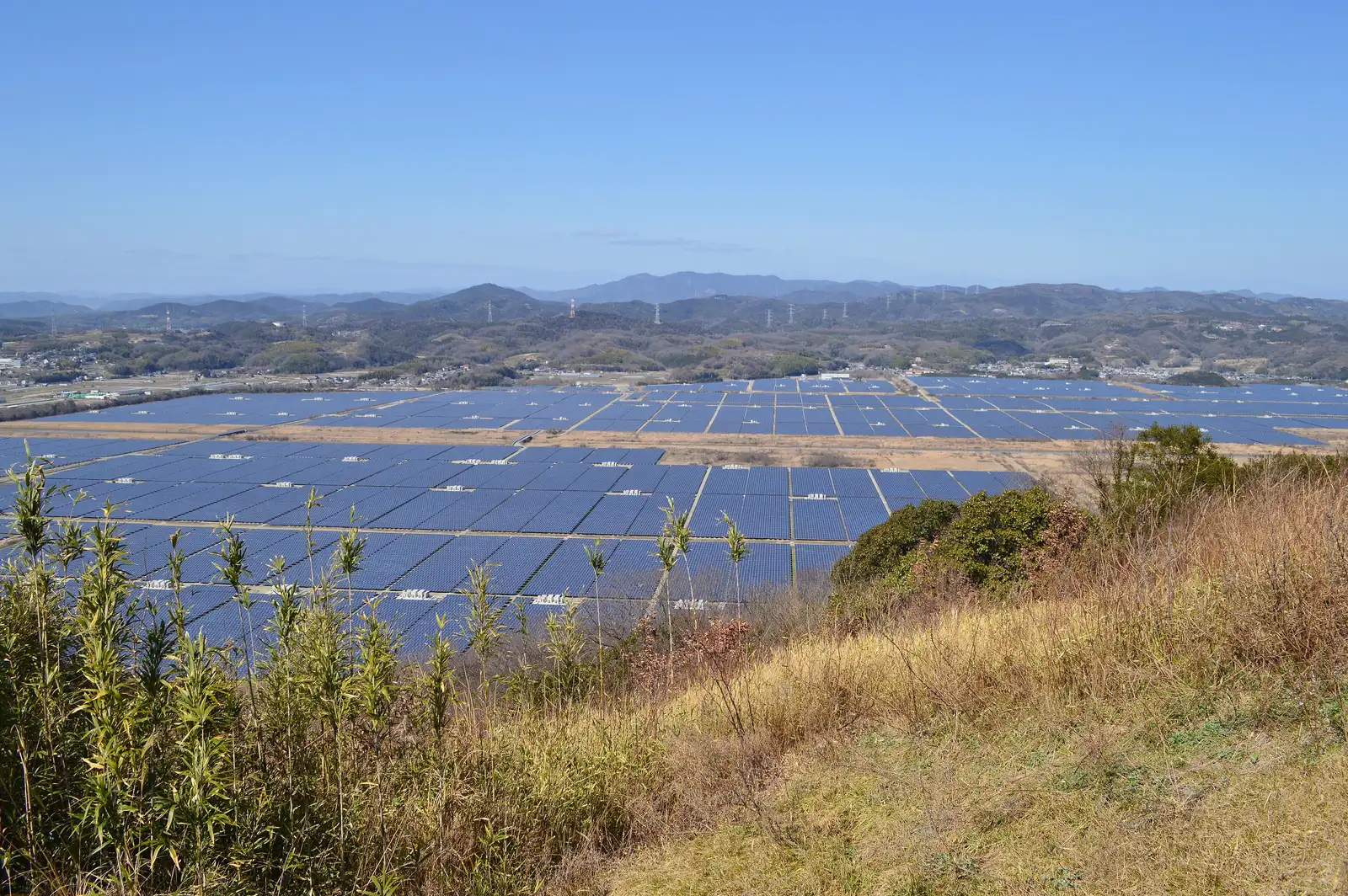 Rows of solar panels spread across flat land at the Setouchi Kirei solar plant, seen from a hillside in Okayama