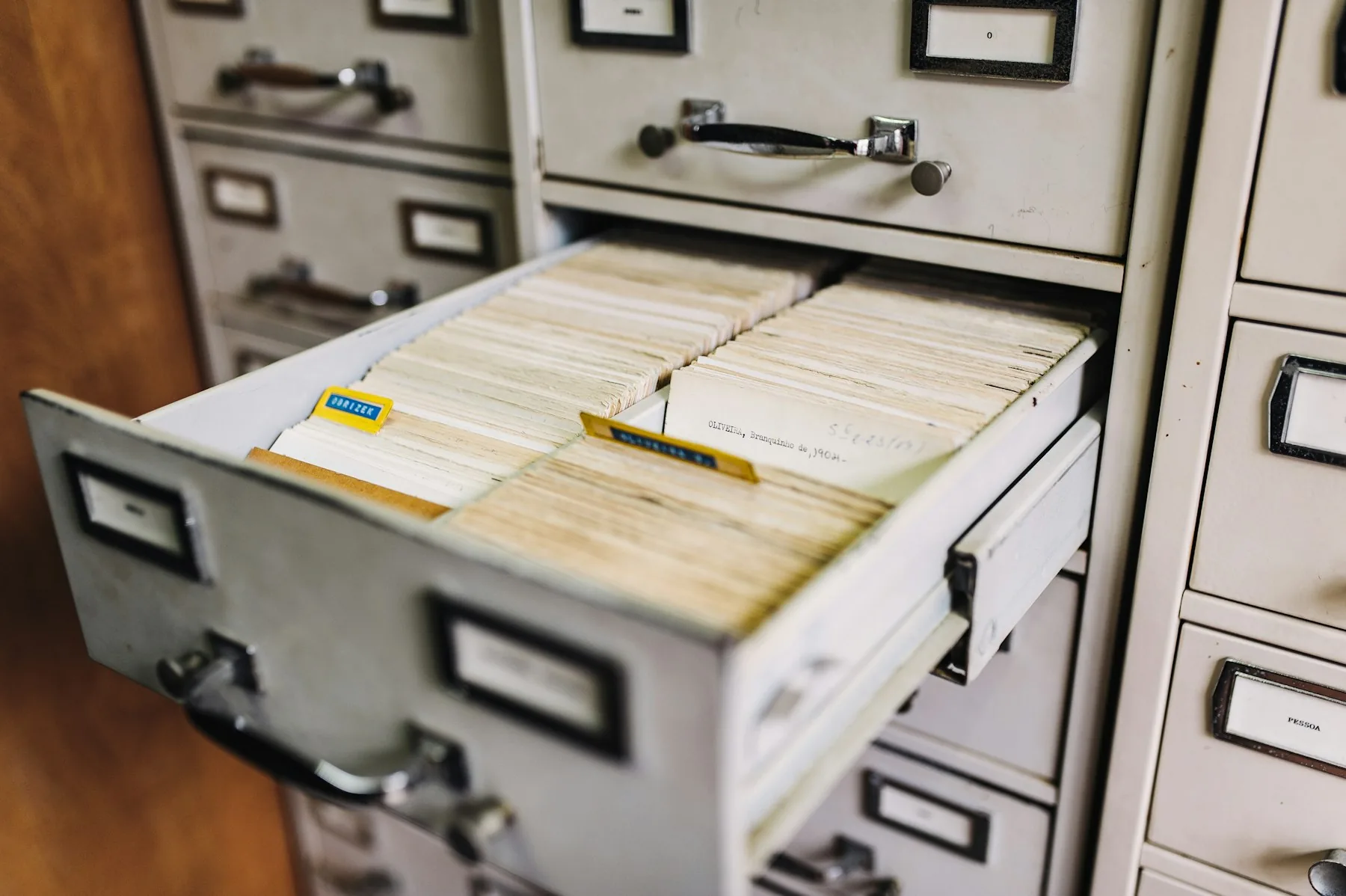 Open file cabinet with index cards