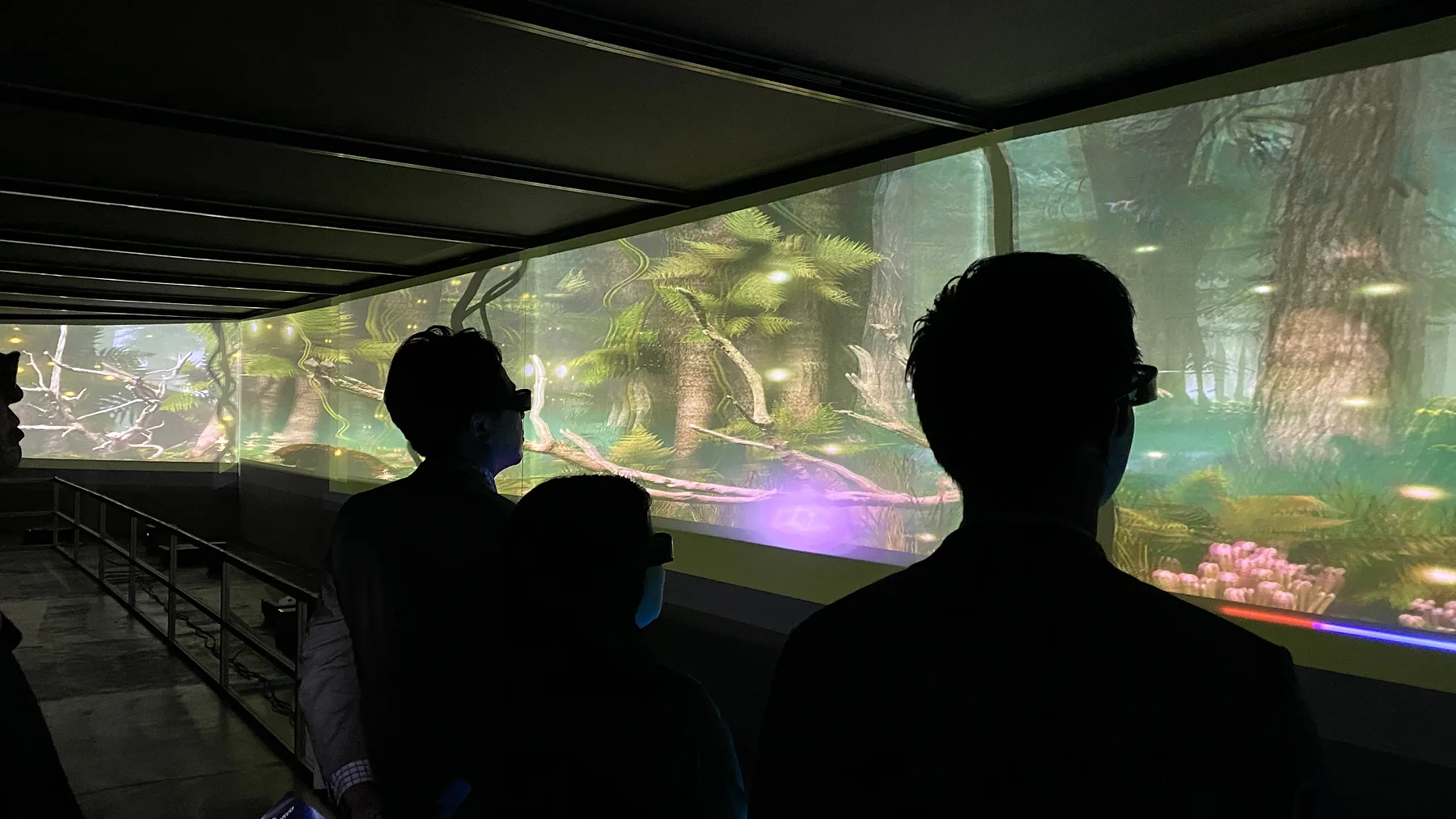 Visitors silhouetted against a colorful immersive projection
