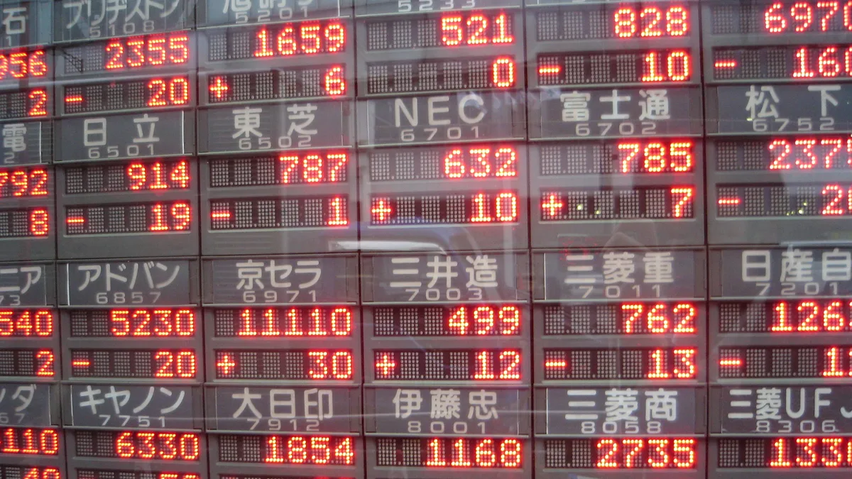 Rows of an electronic stock board showing Japanese company names, ticker codes, and share prices in red LED digits