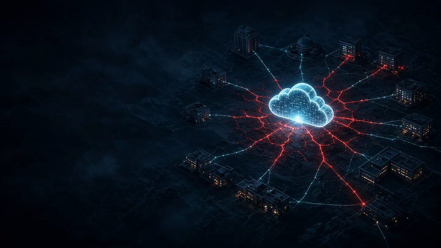 Illustration of one compromised cloud service with red fault lines spreading to many connected buildings